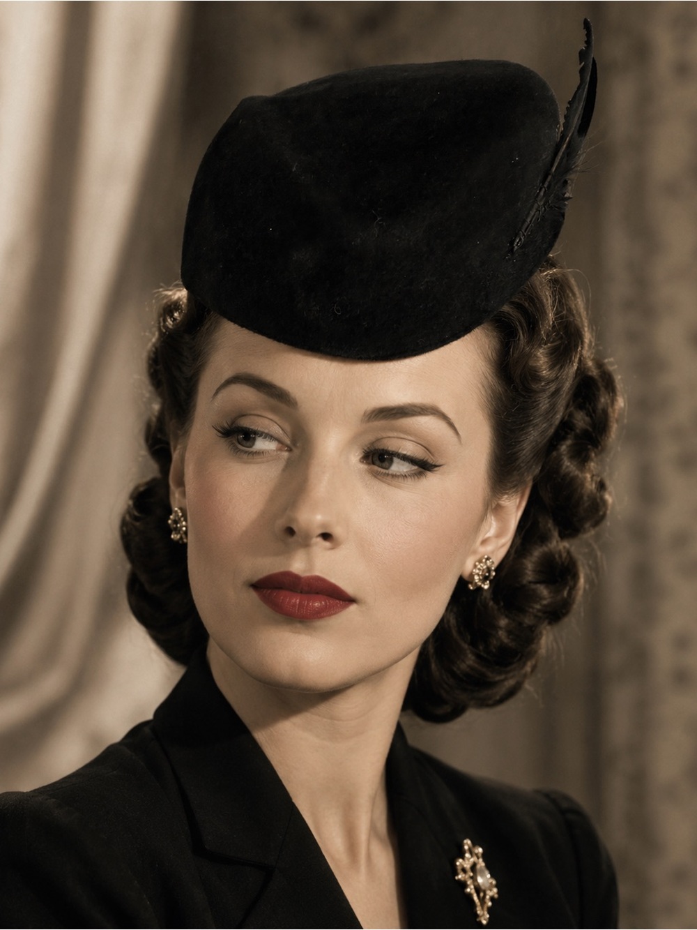 Classic Black Felt Pillbox Hat with Feather Accent- NYC designer